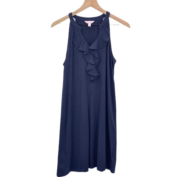 Lilly Pulitzer Navy Blue Sleeveless Ruffle Neck Casual Dress - Picture 3 of 7